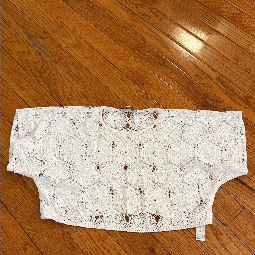 Zara White Cropped Crochet Lace Off-Shoulder Top